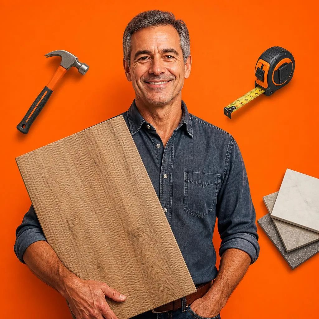 Vendedor da Pisos do Bosque segurando placa de porcelanato