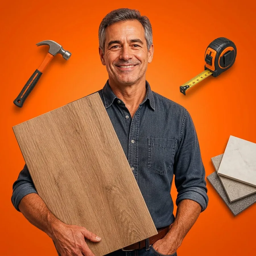 Vendedor da Pisos do Bosque segurando placa de porcelanato
